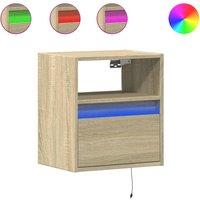 Berkfield Home Wall-mounted Bedside Cabinet with LED Lights Sonoma Oak in Light Tan