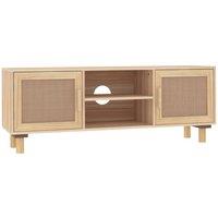 Berkfield Home TV Cabinet Brown 105x30x40 cm Solid Wood Pine&Natural Rattan in Light Tan | Size: 105 x 30 x 40 cm