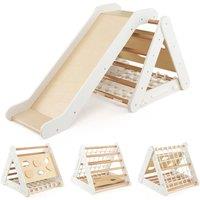 Gymax 4 in 1 Climbing Frame 3-Sided Triangle Climber Set With Ramp & Slide in Beige