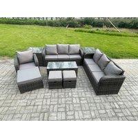 Fimous Outdoor Lounge Sofa Set 10 Seater Rattan Garden Furniture Set with Rectangular Coffee Table 3 Footstools 3 Seater Sofa 2 Side Tables