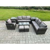 Fimous Outdoor Sofa Set 9 Seater Rattan Garden Furniture Set with Rectangular Coffee Table 2 Small Footstools 3 Seater Sofa 2 Side Tables in Dark Grey