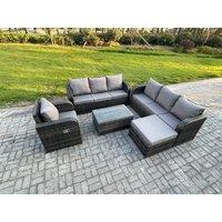 Fimous 8 Seater Rattan Outdoor Garden Furniture Sofa Set Patio Table & Chairs Set with 3 Seater Sofa Reclining Chair 3 Seater Sofa Big Footstool