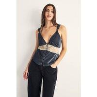 NastyGal Women's Velvet Lace Insert Button Detail Cami Top in Steel | Size: 8