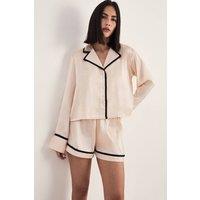 NastyGal Women's Satin Contrast Trim Pajama Shorts Set in Champagne | Size: Large