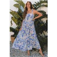 Everyday The Label Women's Sky Blue Floral Print Self-tie Straps Flowy Ruffle Long Dress Maxi | Size: Large
