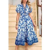 Everyday The Label Women's Blue Floral Puff Short Sleeve V Neck High Waist Maxi Dress Dresses | Size: XL