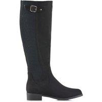 XY London Women's 'Molly' Knee High Flat Low Heel Long Boots With Stretchy Calf in Jet Black | Size: 3