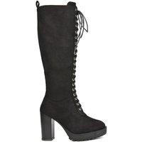 XY London Women's 'Ruthie' Knee High Block Heel Lace Up Platform Boots in Jet Black | Size: 8