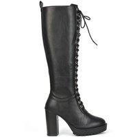 XY London Women's 'Ruthie' Knee High Block Heel Lace Up Platform Boots in Black | Size: 3