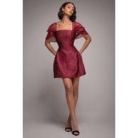 Goddiva Women's Lace Up Jacquard Mini Dress With Organza Wings in Burgundy | Size: 6