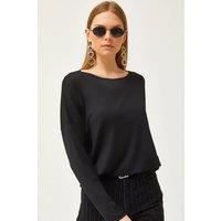 HOXTON GAL Women's Draped Viscose Blouse with Crew Neck & Batwing Sleeves in Black | Size: Medium