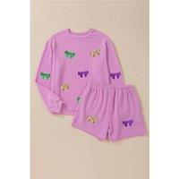 Everyday The Label Women's Phalaenopsis Bowknot Patched Pattern Corded Long Sleeve Top & Shorts in Lilac | Size: XL