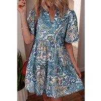Everyday The Label Women's Blue Bohemian Paisley Floral V Neck Short Sleeve Mini Dress Dresses | Size: XL