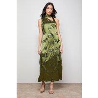 Oasis Women's Sequin Satin Tie Neck Midi Slip Dress in Olive | Size: 12