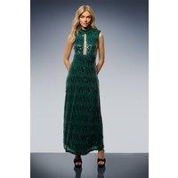 Oasis Women's Sequin Lace Insert High Neck Shoulder Pad Midi Dress in Forest | Size: 10