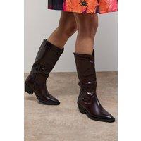 Oasis Women's Louise Faux Leather Stitch Detail Western Knee Boots in Cherry | Size: 6