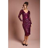 Coast Women's Long Sleeve Bodycon Sequin Midi dress in Burgundy | Size: 16