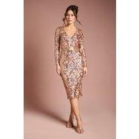 Coast Women's Long Sleeve Bodycon Sequin Midi dress in Champagne | Size: 10
