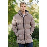 Brave Soul Men's Longline Padded Hooded Jacket in Taupe | Size: XL