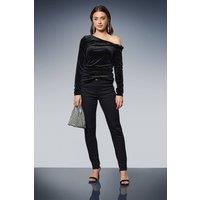 Dorothy Perkins Women's Diamante Velvet Bardot Long Sleeve Top in Black | Size: 12