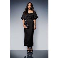 Oasis Women's Satin Bow Front Puff Sleeve Midi Dress in Black | Size: 10