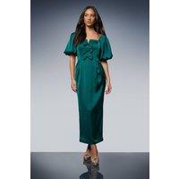 Oasis Women's Satin Bow Front Puff Sleeve Midi Dress in Teal | Size: 10