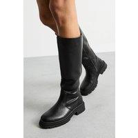 Faith Women's : Daphne Faux Leather Back Elastic Chunky Knee Boots in Black | Size: 3