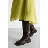 Faith Women's : Daphne Faux Leather Back Elastic Chunky Knee Boots in Chocolate | Size: 3