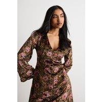 Warehouse Women's Devore Plunge Neck Waisted Midi Dress in Green | Size: 8