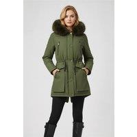 MODISHION Women's Hooded Mid-length Coat with Detachable Faux Fur Trim in Green | Size: Medium