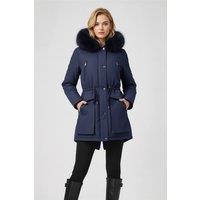 MODISHION Women's Hooded Mid-length Coat with Detachable Faux Fur Trim in Navy | Size: 2XL