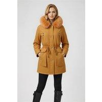 MODISHION Women's Hooded Mid-length Coat with Detachable Faux Fur Trim in Camel | Size: Medium
