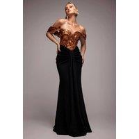 Goddiva Women's Corset Sequin Wing Bodice Scuba Skirt Maxi Dress in Bronze | Size: 16