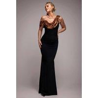Goddiva Women's Cowl One Shoulder Contrast Sequin & Scuba Crepe Maxi Dress in Black | Size: 16