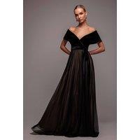 Goddiva Women's Velvet Bardot Dobby Mesh A Line Maxi Dress in Black | Size: 8