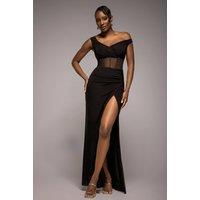 Goddiva Women's Off The Shoulder Corset Waist Mesh Wrap Skirt Soft Touch Maxi Dress in Black | Size: 12