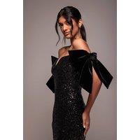 Goddiva Women's Sequin Off-The Shoulder Velvet Bow Midi Dress in Black | Size: 14