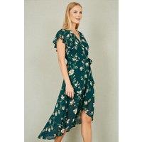 Yumi Women's Green Floral Wrap Midi Dress With Frill Hem | Size: 18