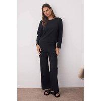 HOXTON GAL Women's Cozy Ribbed Knit Long Sleeve & Wide Leg Pajama Set - 2 Piece in Black | Size: Small