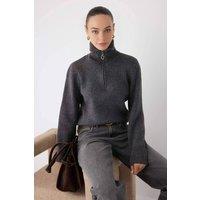 WOVCOR Women's Zip-Detail Ribbed Knit Sweater in Grey | Size: Large