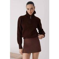 WOVCOR Women's Zip-Detail Ribbed Knit Sweater in Brown | Size: Medium