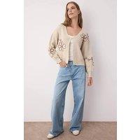 WOVCOR Women's V-Neck Knit Cardigan With Embroidery Detail in Beige | Size: Medium