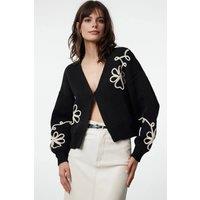 WOVCOR Women's V-Neck Knit Cardigan With Embroidery Detail in Black | Size: Small