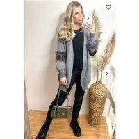 CY Women's Faux Leopard Print Fur Cardigan With Embellishment in Grey