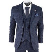 Infinity Leather Men's Check 3 Piece Tweed Suit Peaky Blinders 1920s Gatsby Tailored Fit in Blue | Size: 46R