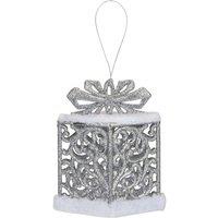 VFM e-Store Christmas Gift Box Hanging Decoration 13cm x 12cm Silver X 1 | Size: 13 cm x 12 cm