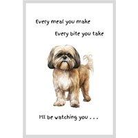 Animal Crackers Dog Tea Towel With 'Watching You' Funny Wording - Shih Tzu in White