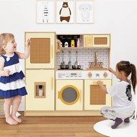 Costway Kids Kitchen Playset Wooden Pretend Kitchen Toy w/Sounds Lights in Yellow