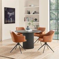 FurnitureboxUK Penrose Black Round Dining Table & 4 Calla Faux Leather Swivel Chairs in Tan