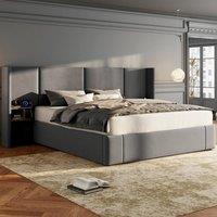 BTM Velvet Ottoman Bed with Hydraulic Storage & USB Charging in Grey | Size: Super King